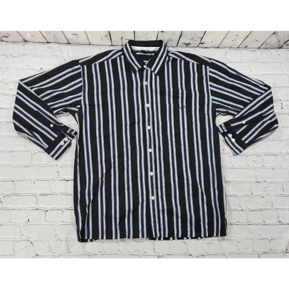 Sean John Black White Striped Button Up Collared Thick Shirt MENS SIZE LARGE - Picture 1 of 6
